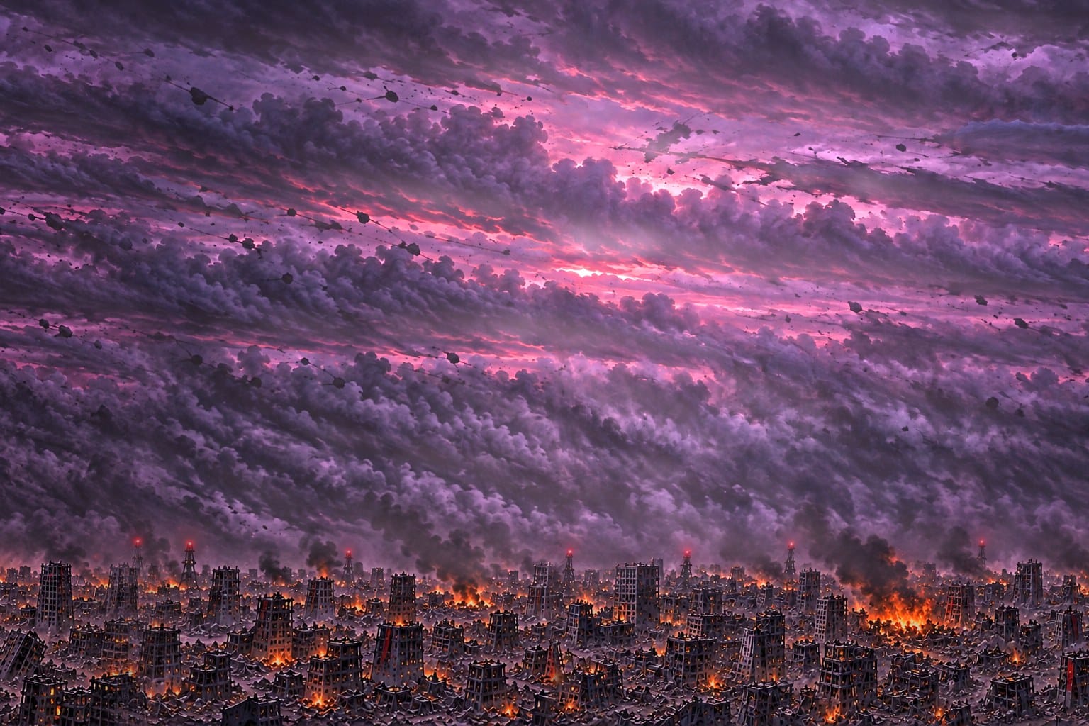 The spire summit at dusk above the burning city