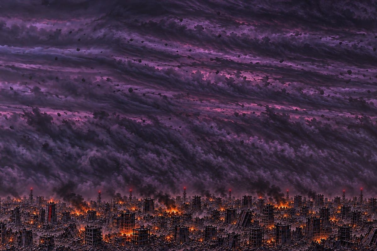 Teaser poster: the dusk sky over the burning city